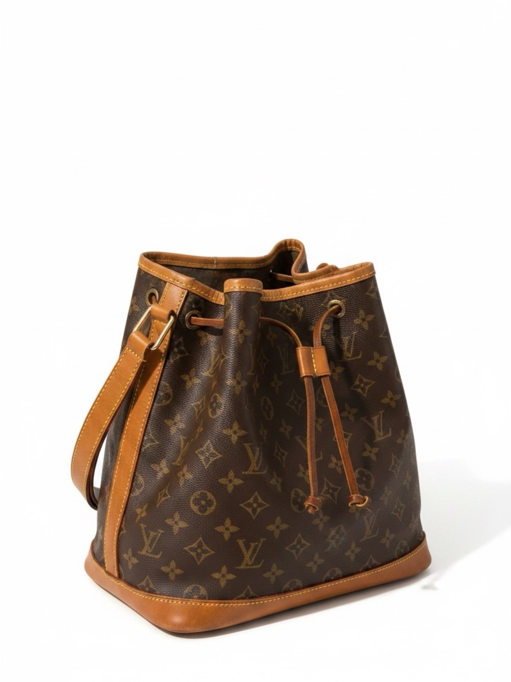 Designer Style Monogram Bucket Bag Brown Canvas & Leather Drawstring Crossbody - Picture 4 of 5
